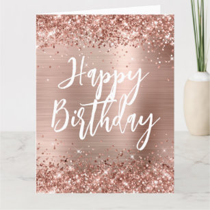 Rose Gold Glitter Handwritten Style Happy Birthday Card