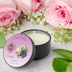 Rose Gold Glitter Happy 100th Birthday, Photo Mini Candle Favors