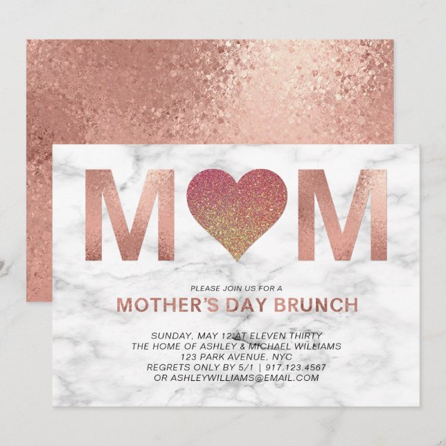 Rose Gold Glitter Heart Mother's Day Brunch Invitation (Front/Back)
