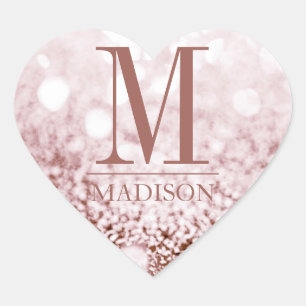 Rose Gold Glitter Heart Name Initial Monogram Sticker