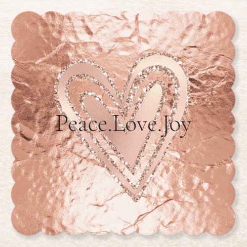 Rose Gold Glitter Heart Peace Love Joy Quote Paper Coaster