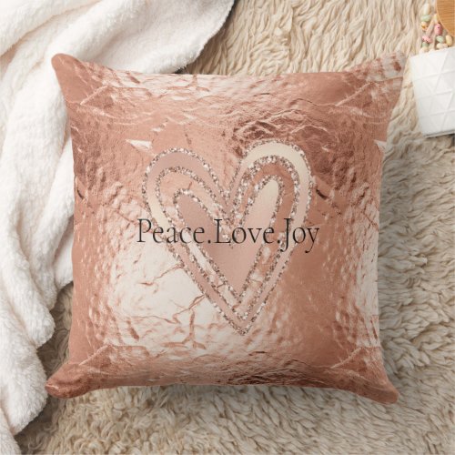 Rose Gold Glitter Heart Peace Love Joy Quote Throw Pillow