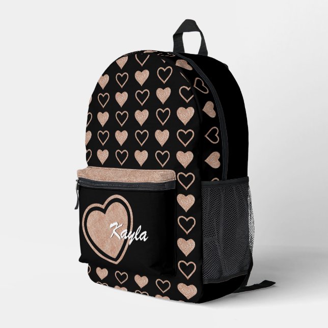 Rose Gold Glitter Heart Personalized Backpack (Back Corner Right)