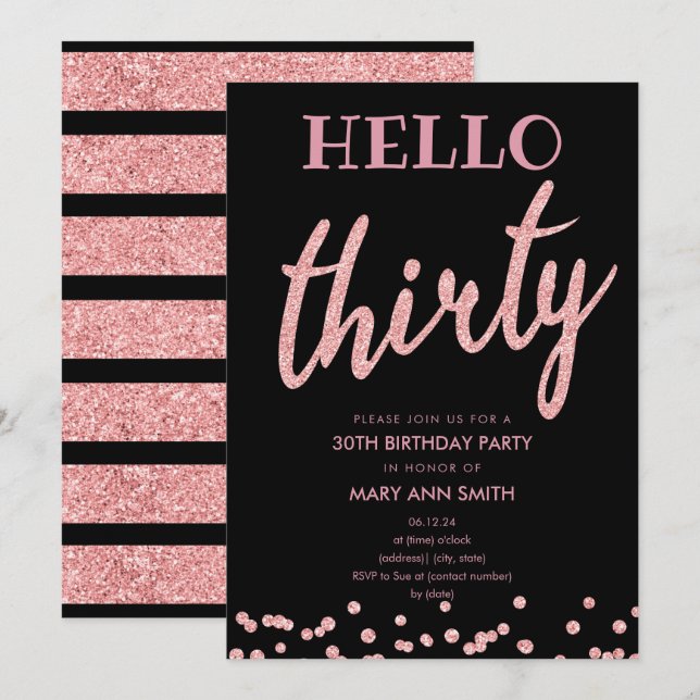 Rose Gold Glitter "Hello Thirty" Birthday Party Invitation (Front/Back)