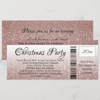 Rose Gold Glitter Holiday Christmas Party Ticket Invitation