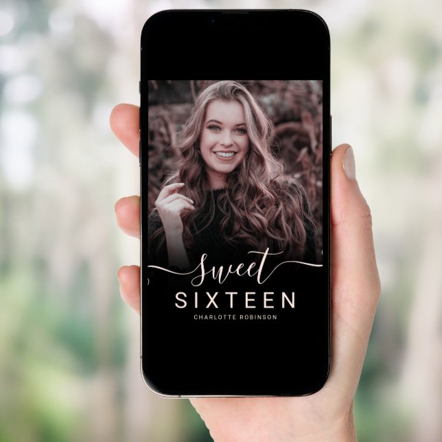 Rose gold glitter holographic 5 photos sweet 16 invitation (Front Digital)