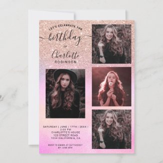 Rose gold glitter holographic 5 photos sweet 16 invitation
