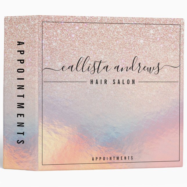Rose Gold Glitter Holographic Appointment Book 3 Ring Binder (Front/Spine)