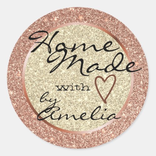 Rose Gold Glitter Home Made with Love Heart Classic Round Sticker