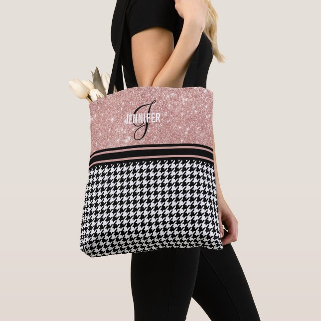 Rose Gold Glitter Houndstooth name monogram Tote Bag (Close Up)
