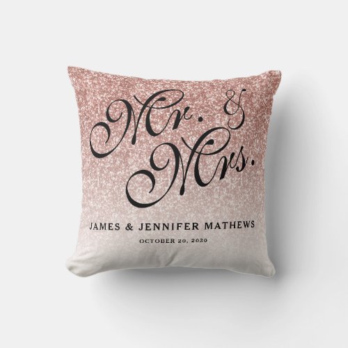 Rose Gold Glitter Initials Mr and Mrs Wedding  Throw Pillow