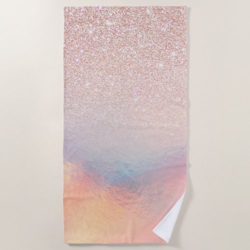 Rose Gold Glitter Iridescent Holographic Gradient Beach Towel