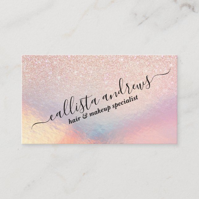 Rose Gold Glitter Iridescent Holographic Gradient Business Card (Front)