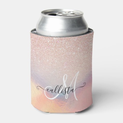 Rose Gold Glitter Iridescent Holographic Gradient Can Cooler