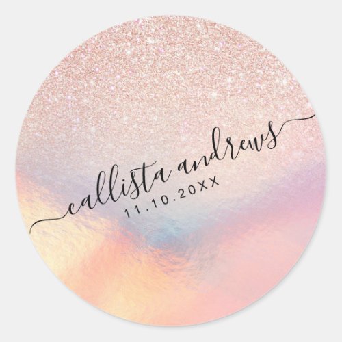 Rose Gold Glitter Iridescent Holographic Gradient Classic Round Sticker