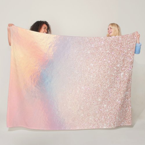 Rose Gold Glitter Iridescent Holographic Gradient Fleece Blanket