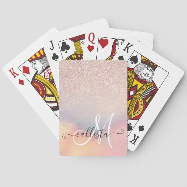 Rose Gold Glitter Iridescent Holographic Gradient Poker Cards (Back)