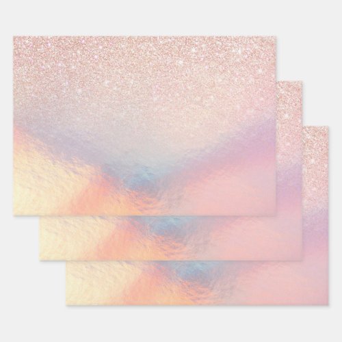 Rose Gold Glitter Iridescent Holographic Gradient Wrapping Paper Sheets