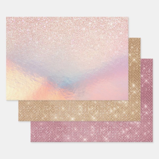 Rose Gold Glitter Iridescent Holographic Gradient Wrapping Paper Sheets (Set)