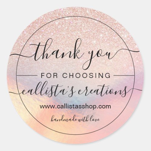 Rose Gold Glitter Iridescent Holographic Thank You Classic Round Sticker