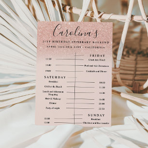 rose gold glitter itinerary 21st birthday weekend invitation
