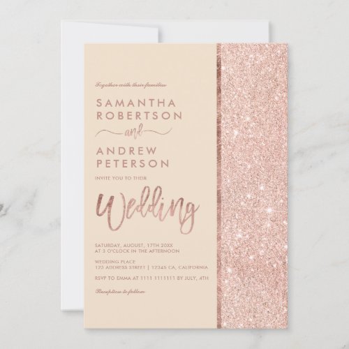 Rose gold glitter ivory color block wedding invitation