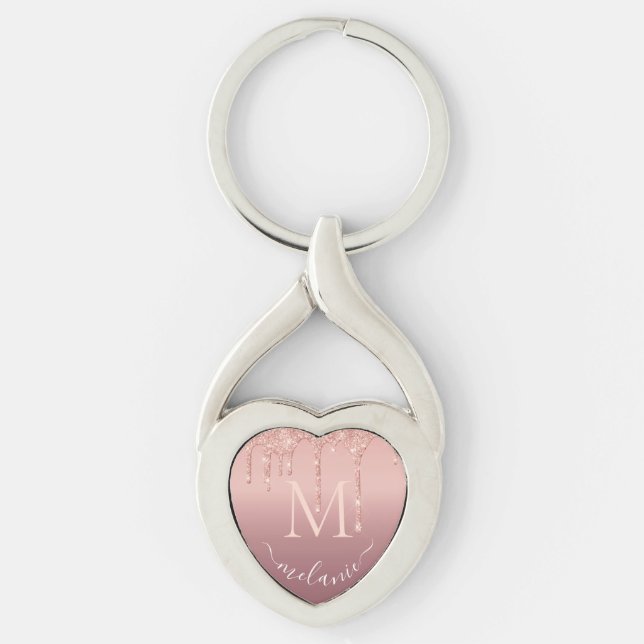 Rose Gold Glitter Keychain Custom Name and Letter (Front)