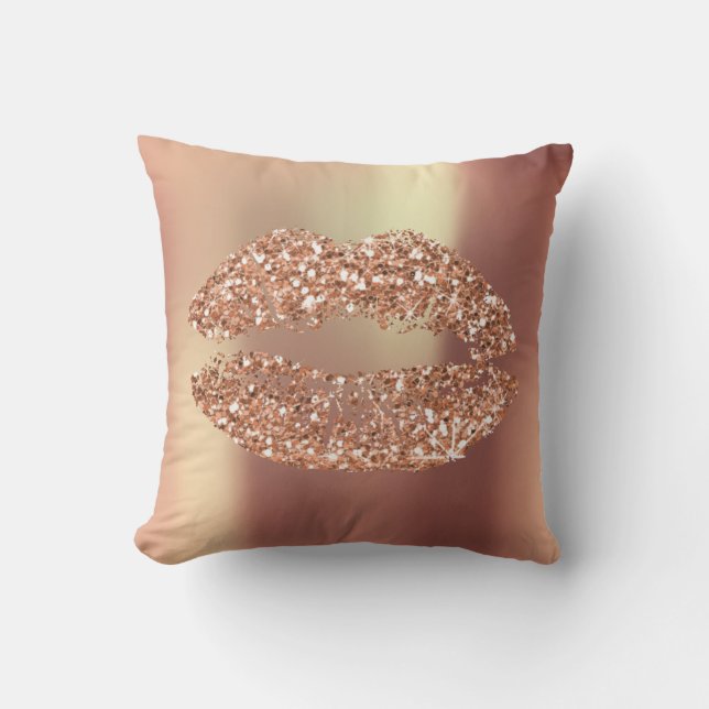 Rose Gold Glitter Kiss Lips Glam Makeup Copper Throw Pillow (Front)