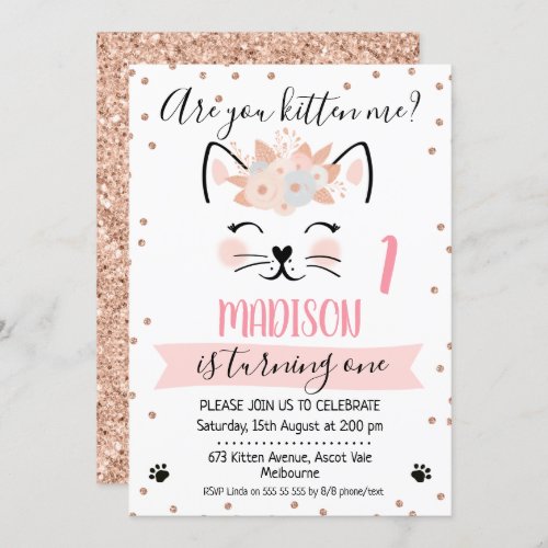 Rose gold glitter kitten me birthday invitation