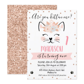 Rose gold glitter kitten me birthday invitation
