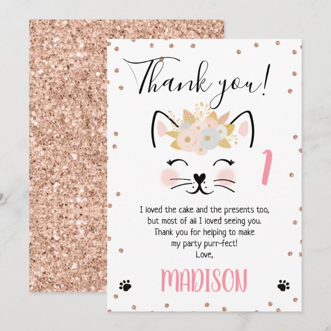 Rose gold glitter kitten me thank you card (Front/Back)