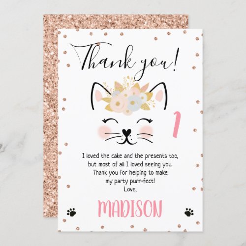 Rose gold glitter kitten me thank you card