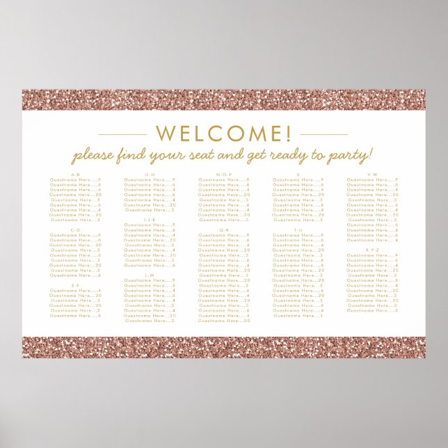 Rose Gold Glitter Large Alphabetical Seating Chart (Front)