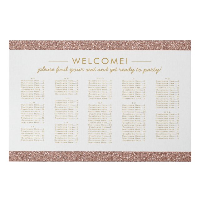 Rose Gold Glitter Large Alphabetical Seating Chart Faux Canvas Print (Front)