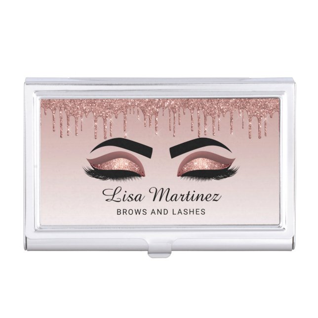 Rose Gold Glitter Lash Brow Beauty Business Card Case (Front)