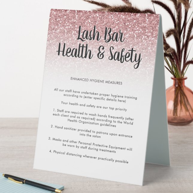 Rose Gold Glitter Lash Covid Health Safety Poster Table Tent (In SItu (Table))