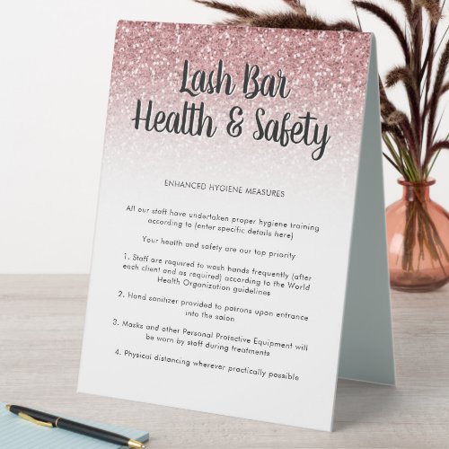 Rose Gold Glitter Lash Covid Health Safety Poster Table Tent Sign