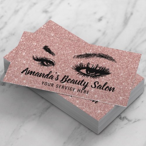 Rose Gold Glitter Lashes  Brows Makeup Artist Business Card