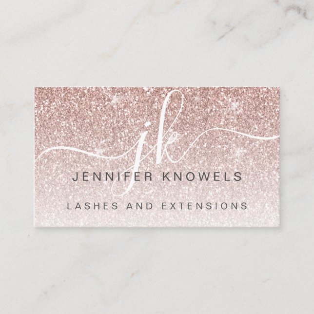Rose Gold Glitter Lashes Monogram Open Covid Business Card (Front)