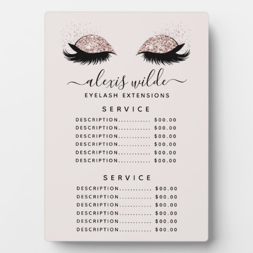 Custom Price Menus 5 Rose Gold Glitter Lashes Salon Price Menu Plaque