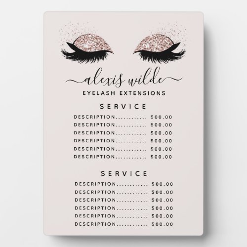 Rose Gold Glitter Lashes Salon Price Menu Plaque