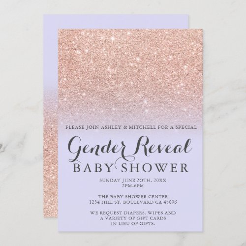 Rose gold glitter lavender gender reveal baby invitation