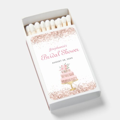 Rose Gold Glitter Layer Cake Floral Bridal Shower Matchboxes