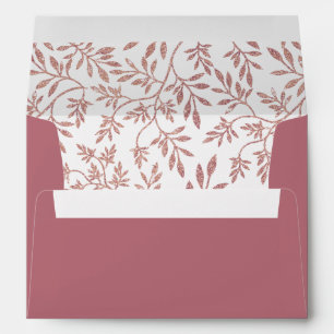 Rose gold glitter leaves pattern, initials wedding envelope