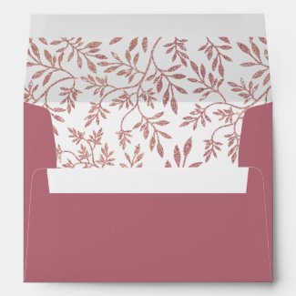 Rose gold glitter leaves pattern, initials wedding envelope