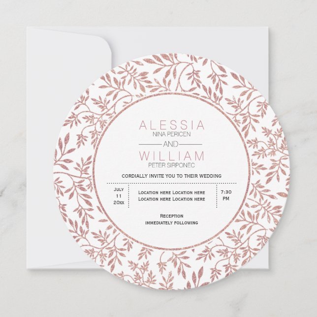 Rose gold glitter leaves pattern modern wedding invitation (Front)