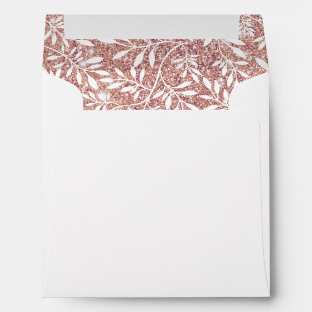 Rose gold glitter leaves pattern, monogram wedding envelope (Back (Bottom))
