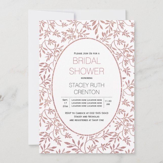 Rose gold glitter leaves wedding bridal shower invitation (Front)
