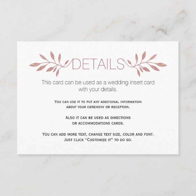 Rose gold  glitter leaves wedding insert card (Front)