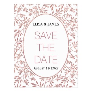 Rose gold glitter leaves wedding Save the Date Postcard